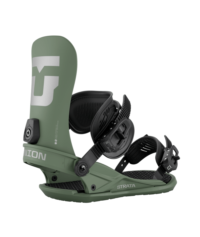 Load image into Gallery viewer, A Union Men&#39;s Strata Snowboard Binding in gray color featuring a strap-in shoe binding type, mounted on a wooden baseplate with black details.

