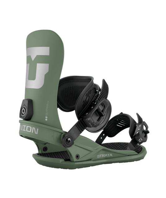 A Union Men's Strata Snowboard Binding in gray color featuring a strap-in shoe binding type, mounted on a wooden baseplate with black details.