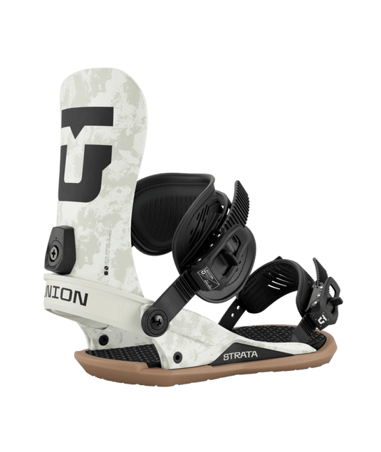 A Union Men's Strata Snowboard Binding in gray color featuring a strap-in shoe binding type, mounted on a wooden baseplate with black details.