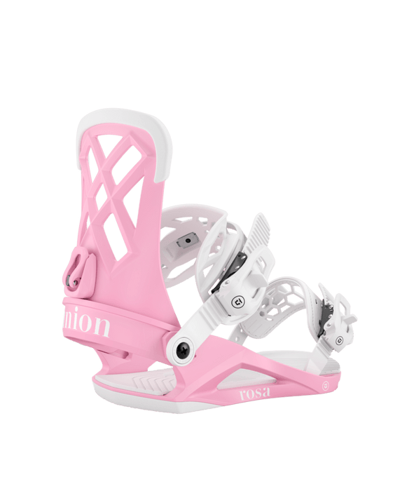 A pink Union Women's Rosa snowboard binding with white details and the Union logo visible.