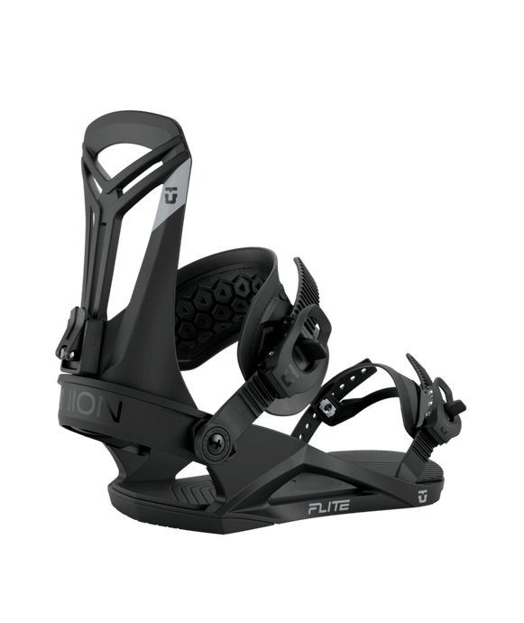 A black Union Flite snowboard binding, featuring a highback, baseplate, and strap-in footbed.