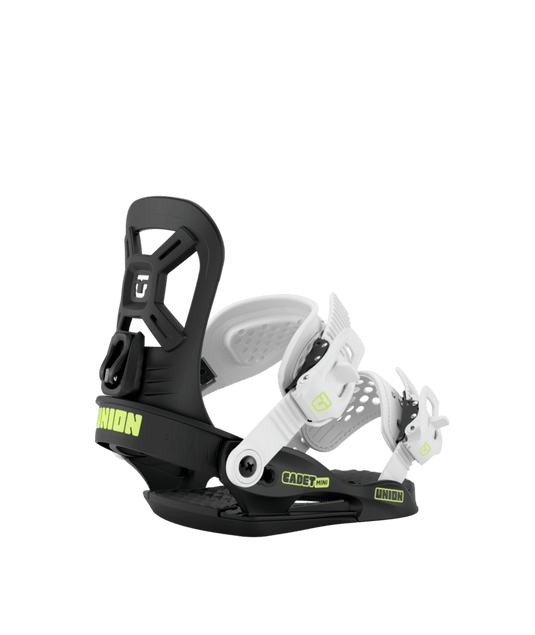 A performance snowboard binding named Union Youth Cadet Mini, predominantly black in color with white and green accents, designed for kids.
