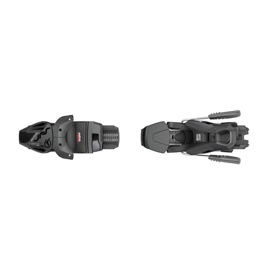 Two black ski bindings on a white background