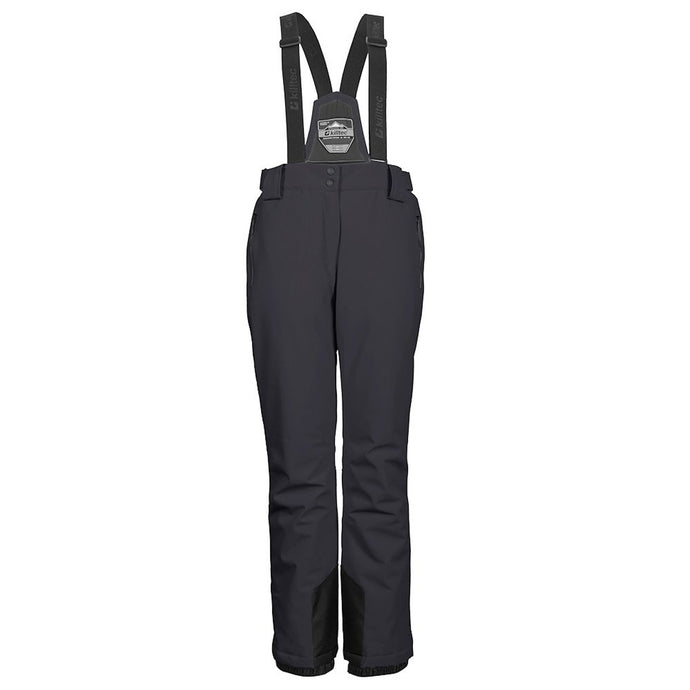 Black snow pants with suspenders on a white background