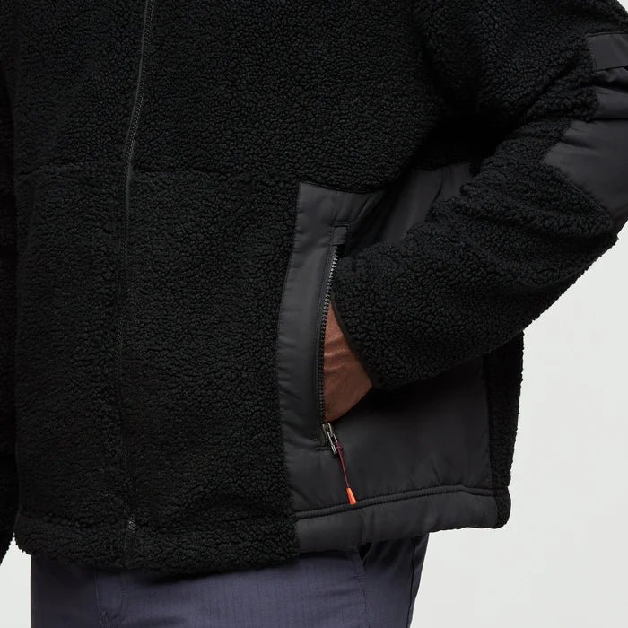 Load image into Gallery viewer, Close-up of a black fleece jacket with a gray interior on a white background
