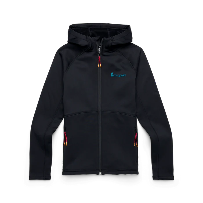 Load image into Gallery viewer, Black zip fleece hoodie with a Cotopaxi logo on a white background
