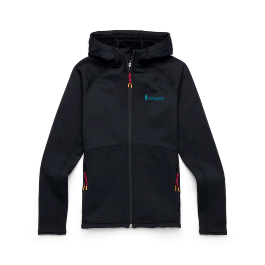 Black zip fleece hoodie with a Cotopaxi logo on a white background