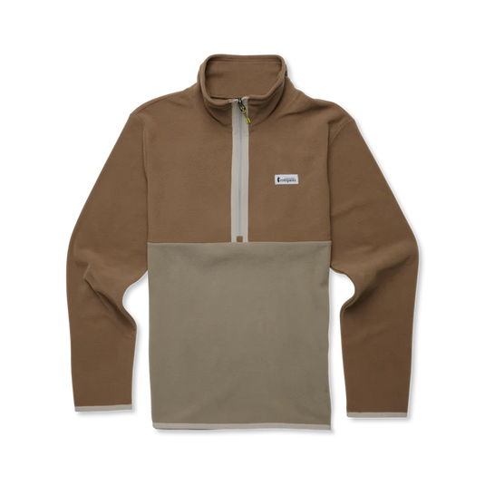 Brown and beige pullover with a cotopaxi logo on a white background
