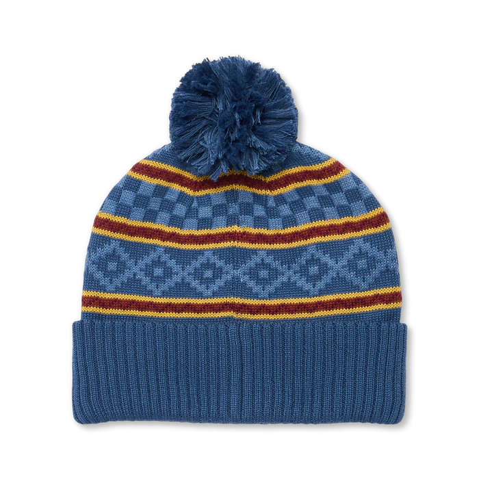 Load image into Gallery viewer, Blue knit beanie with pom-pom and colorful stripes on a white background
