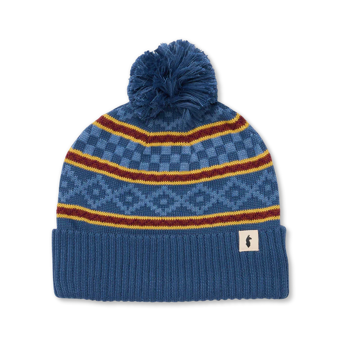 Load image into Gallery viewer, Blue knit beanie with pom-pom and colorful stripes on a white background
