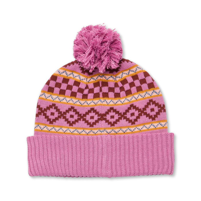 Load image into Gallery viewer, Pink knit beanie with pattern and pom-pom on a white background
