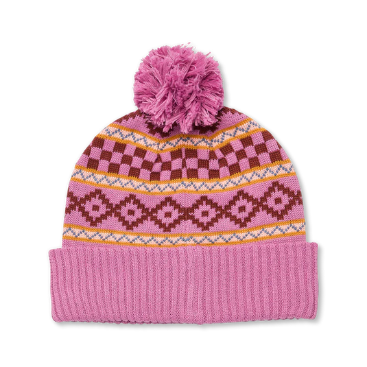 Pink knit beanie with pattern and pom-pom on a white background