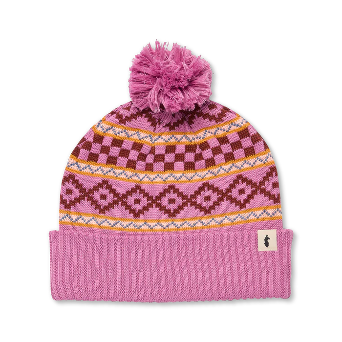 Load image into Gallery viewer, Pink knit beanie with pattern and pom-pom on a white background
