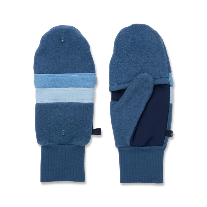 Pair of blue mittens with a striped pattern on a white background