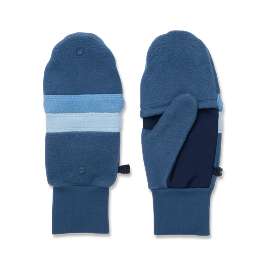 Pair of blue mittens with a striped pattern on a white background