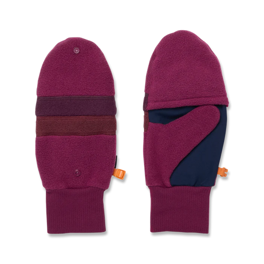 Pair of maroon mittens with a dark blue interior on a white background