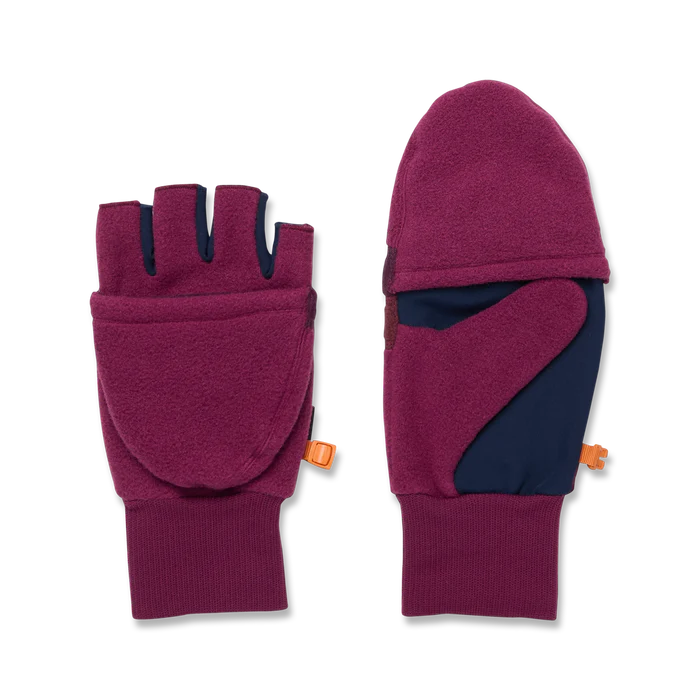 Load image into Gallery viewer, Pair of maroon and navy gloves with orange buttons on a white background
