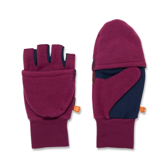 Pair of maroon and navy gloves with orange buttons on a white background