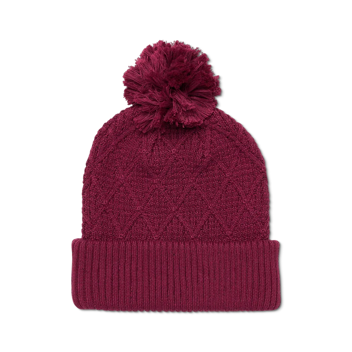 Load image into Gallery viewer, Maroon knit beanie with pom-pom on a white background
