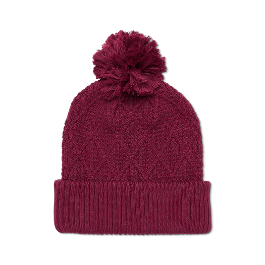 Maroon knit beanie with pom-pom on a white background