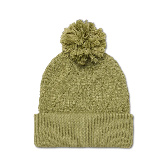Green knit beanie with pom-pom on a white background