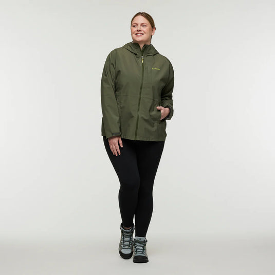 Person wearing a green raincoat on a white background