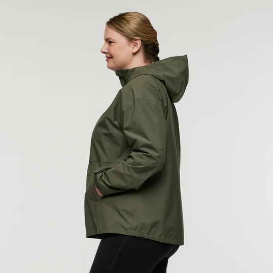 Person wearing a green raincoat on a plain background