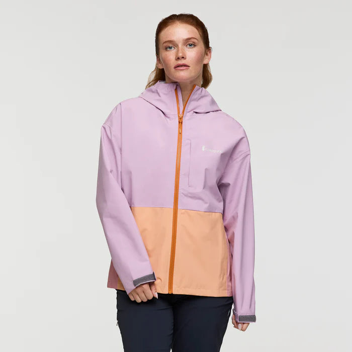 Load image into Gallery viewer, Woman wearing a two-tone purple and beige jacket on a light gray background
