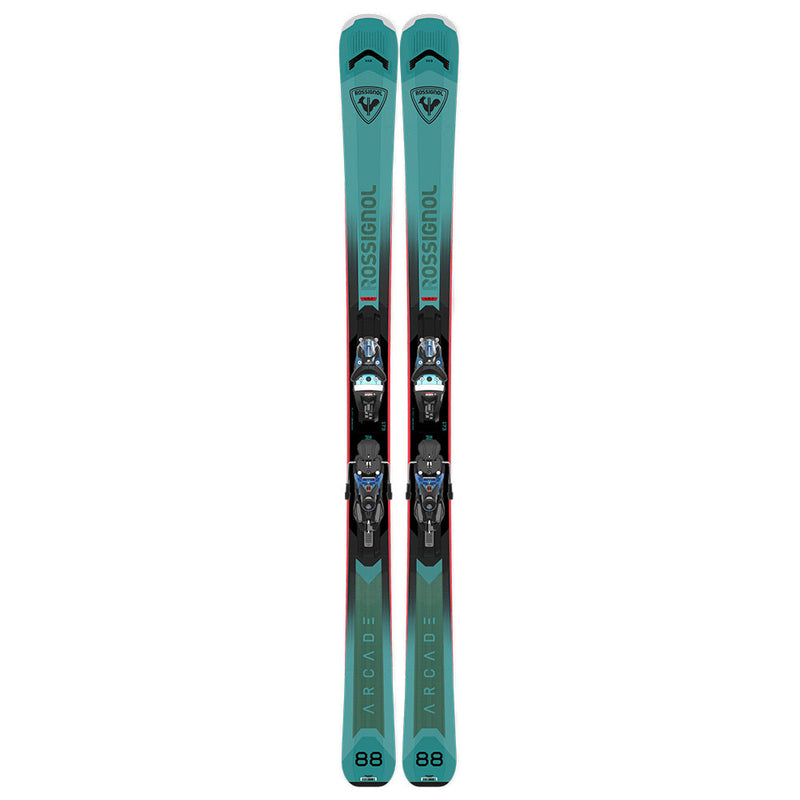 Load image into Gallery viewer, A pair of Rossignol Arcade 88 skis shown vertically against a solid white background. The skis feature a teal and black design with red accents, and the boots are equipped with blue and black bindings.
