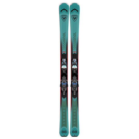A pair of Rossignol Arcade 88 skis shown vertically against a solid white background. The skis feature a teal and black design with red accents, and the boots are equipped with blue and black bindings.