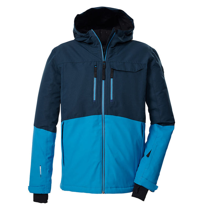 Two-tone Killtec blue and black jacket with a hood on a white background