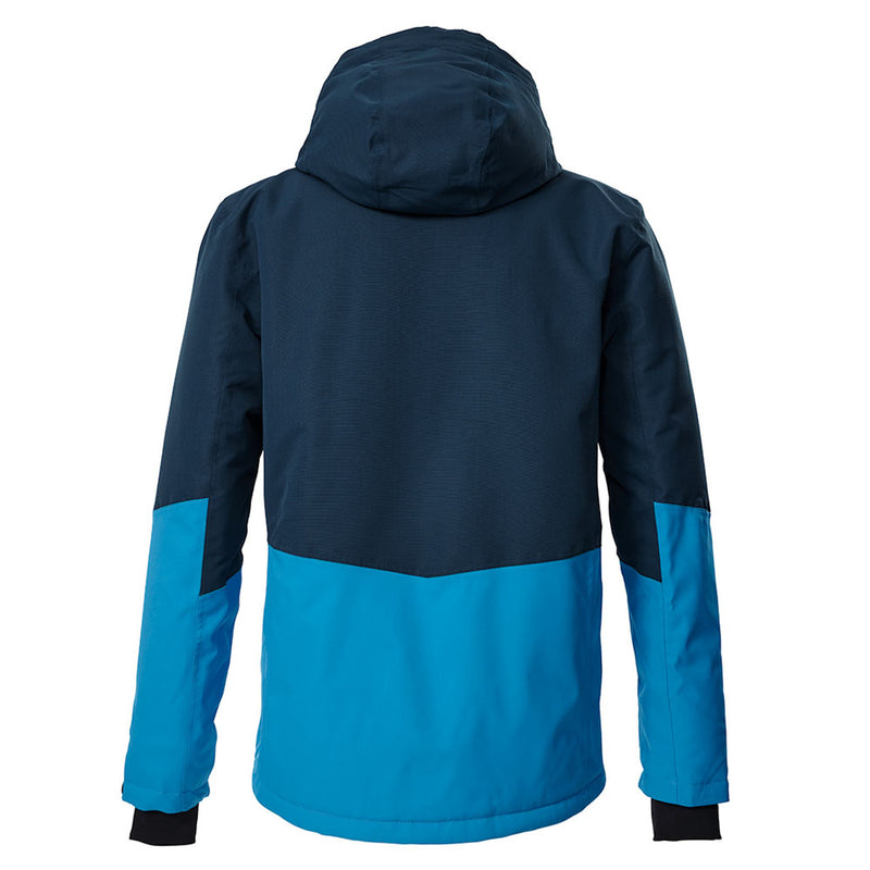 Load image into Gallery viewer, Blue and black jacket with a hood on a white background
