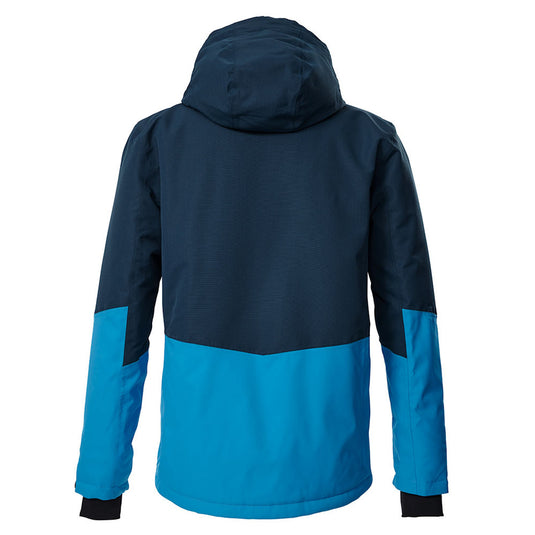 Blue and black jacket with a hood on a white background