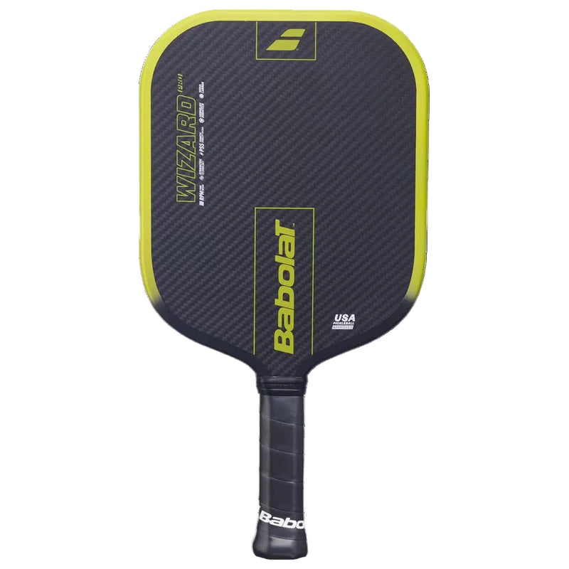 Load image into Gallery viewer, A Babolat Wizard Pro2 pickleball paddle with a dark gray carbon fiber pattern face, bright yellow trim, and a black grip, shown against a solid black background. Ski &amp; Tennis Station
