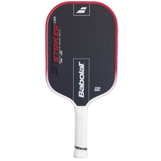 A Babolat Striker Evo pickleball paddle with a black face, red and white trim, and a white grip, shown against a solid black background. Ski & Tennis Station