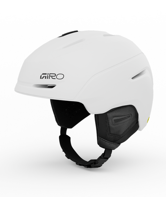 White giro helmet with black straps on a white background