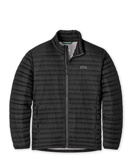 Black quilted jacket on a white background