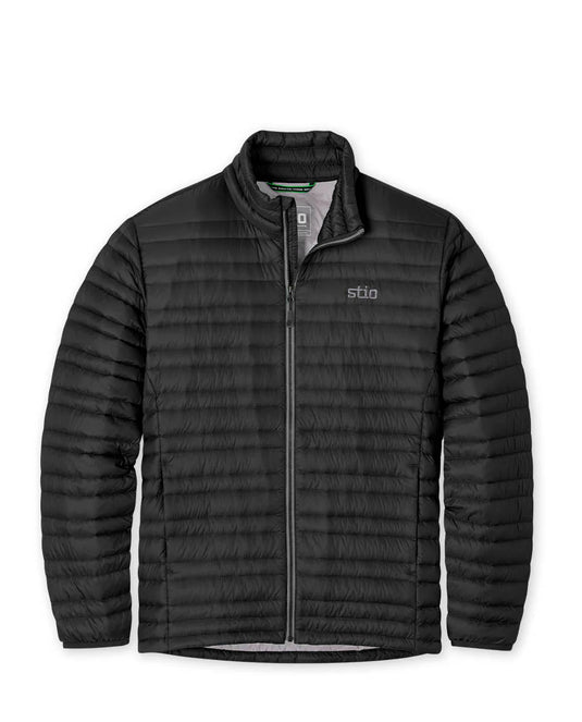 Black quilted jacket on a white background