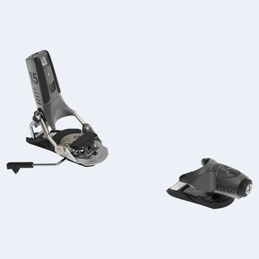 A pair of Look Pivot 15 ski bindings shown on a light gray background, with one binding upright and the other laid flat to show the release lever and baseplate. The bindings are primarily dark gray and black with silver metal hardware. Ski and Tennis Station