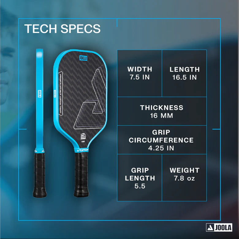 Load image into Gallery viewer, Pickleball paddle with technical specifications on a blue background
