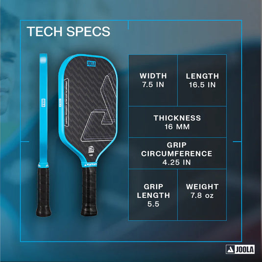 Pickleball paddle with technical specifications on a blue background