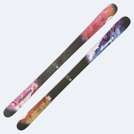 Two colorful skis with a gradient design on a white background
