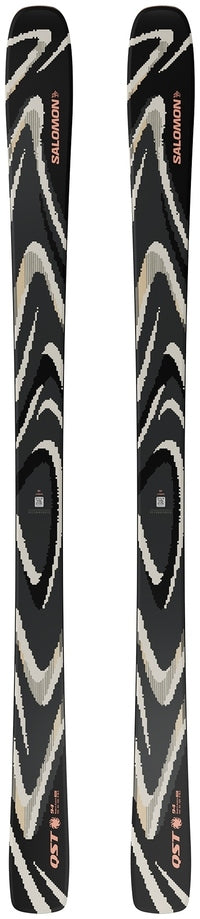 Load image into Gallery viewer, A pair of Salomon QST 94 skis n black with a beige and white wavy abstract pattern, shown vertically against a white background. Ski and Tennis Station
