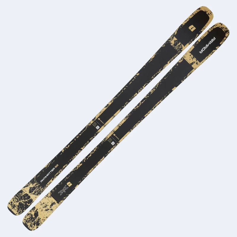 Load image into Gallery viewer, A pair of Armada antimatter 92 skis with a black and distressed gold/yellow graphic pattern, shown diagonally on a light gray background. Ski and Tennis Station
