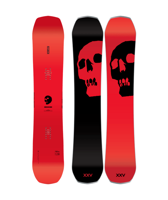 A red and black CAPiTA snowboard featuring a prominent white skull design