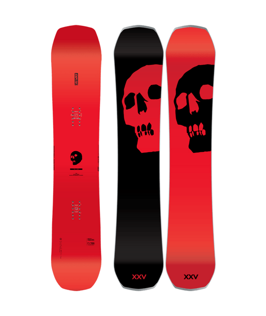 A red and black CAPiTA snowboard featuring a prominent white skull design