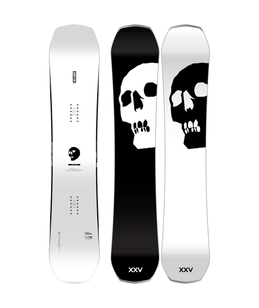 A white and black CAPiTA snowboard featuring a prominent white skull design