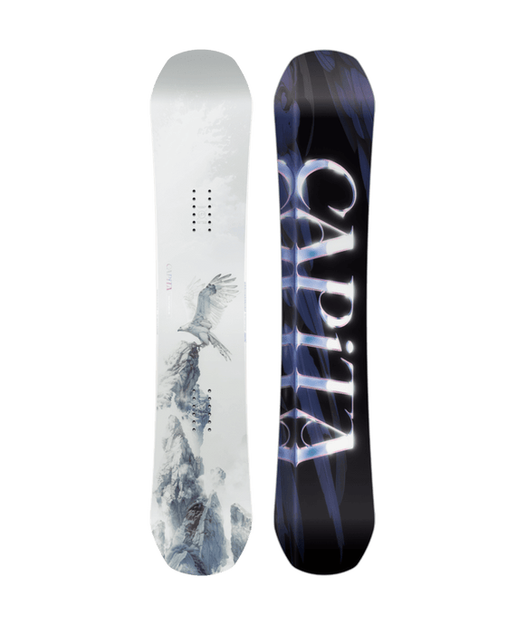 A Capita Women's Birds of a Feather Snowboard featuring a white base with a blue and black design, including the Capita logo.