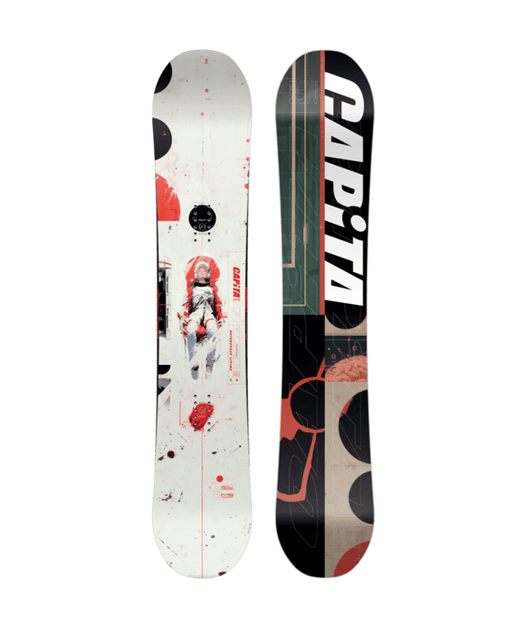 A Capita snowboard featuring a graphic design with multiple colors and a predominantly white surface.