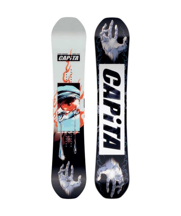A Capita branded snowboard with a graphic design featuring what appears to be stylized hands and red eye and accent